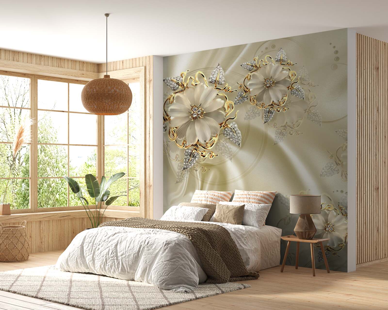 Fotobehang manchetknoop in de vorm van een bloem met bloemblaadjes op beige zijden stof