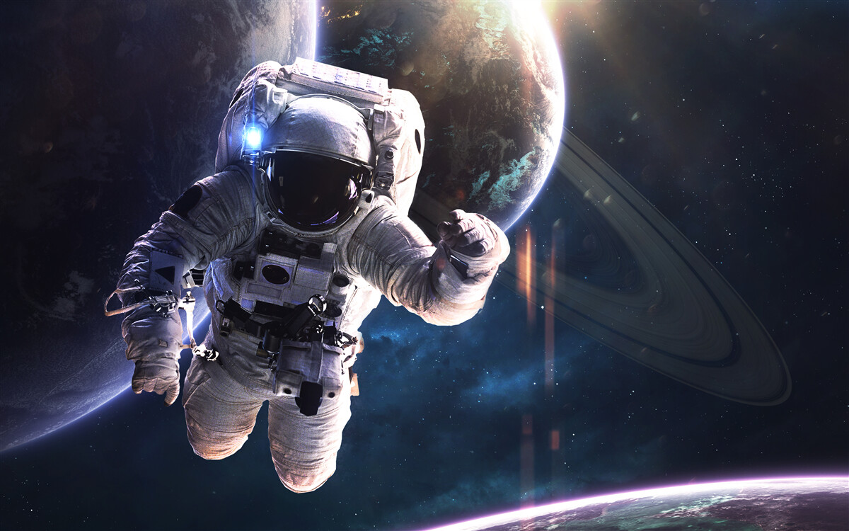 Fotobehang astronaut poseert voor jupiter