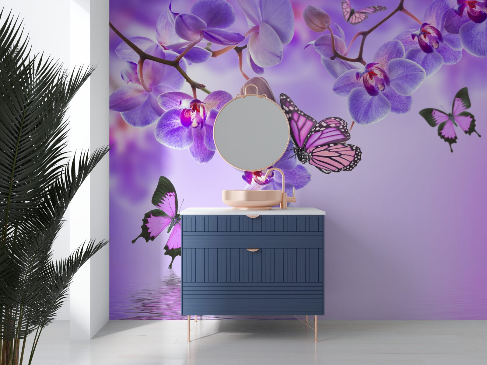 Fotobehang vlinders en paarse orchidee