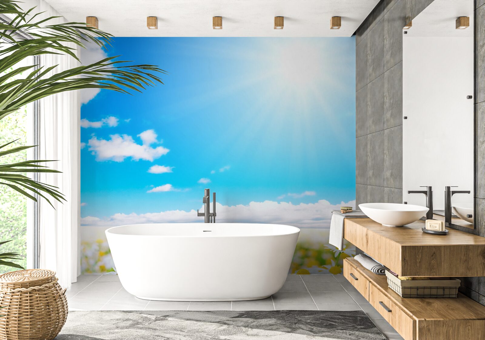 Fotobehang Zonlicht verlicht een veld met overvloedige madeliefjes