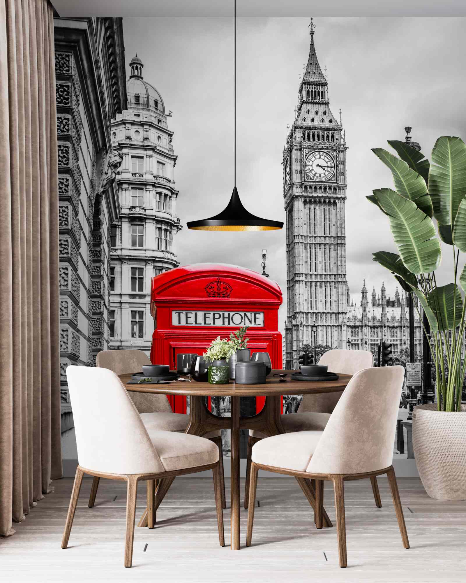 Fotobehang rode telefooncel voor big ben op de achtergrond