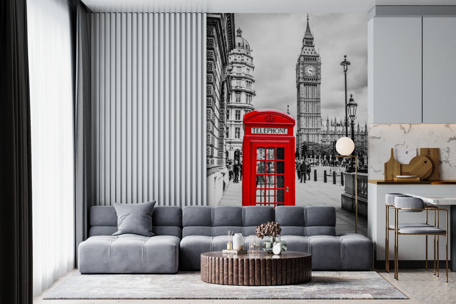 Fotobehang rode telefooncel voor big ben op de achtergrond