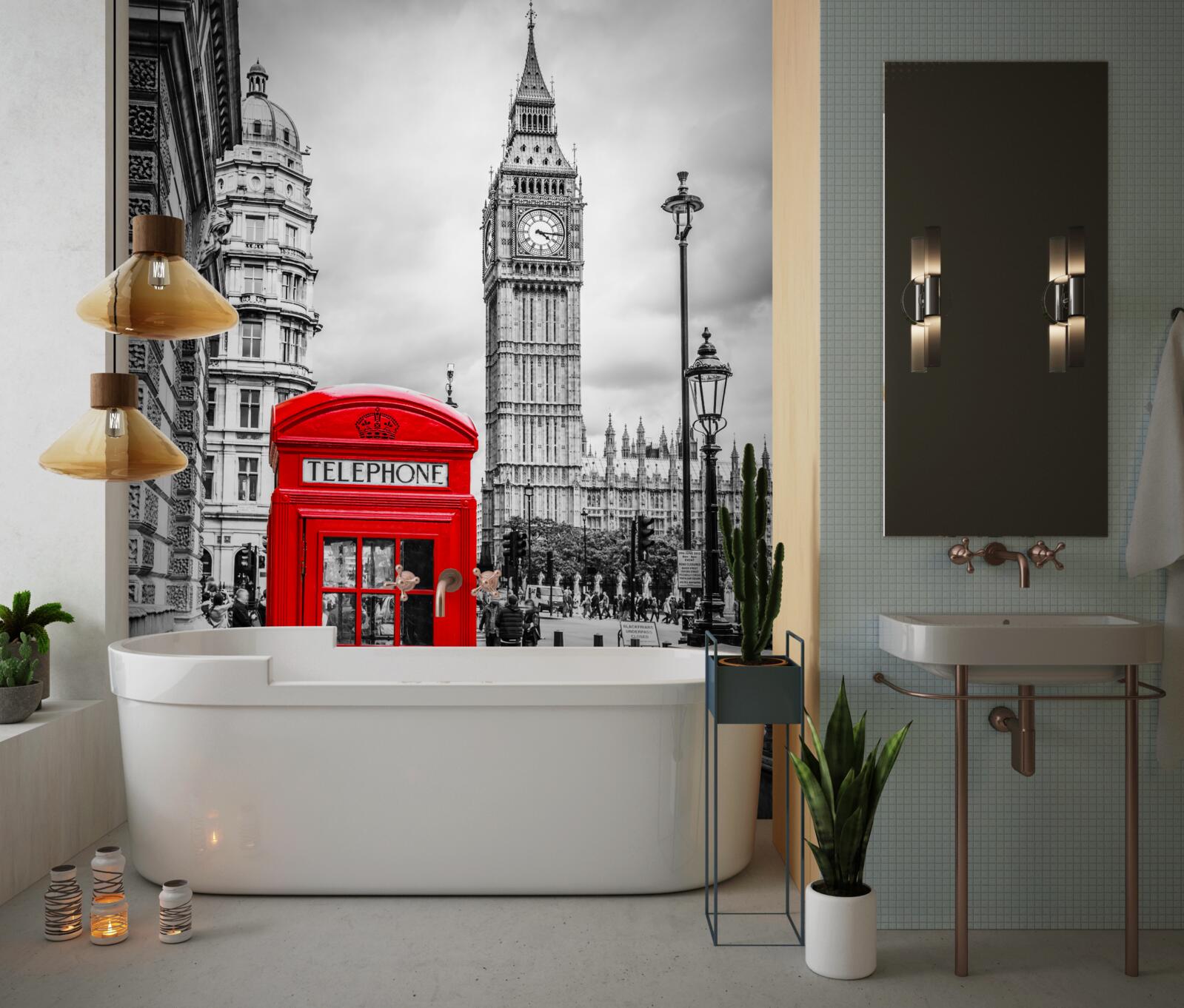 Fotobehang rode telefooncel voor big ben op de achtergrond