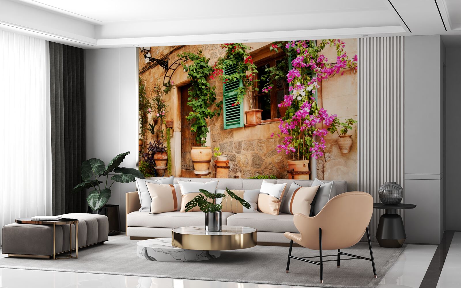 Fotobehang planten in bakken op een oude stoep