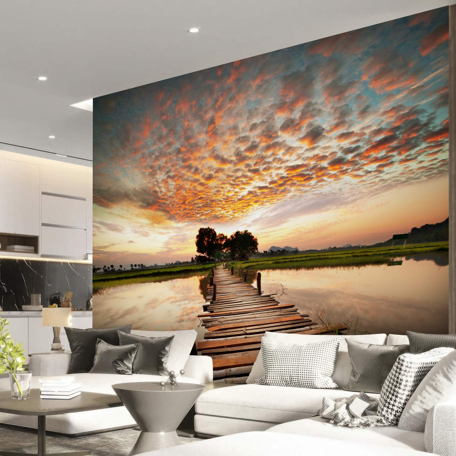 Fotobehang houten pier op een meer in de ondergaande zon