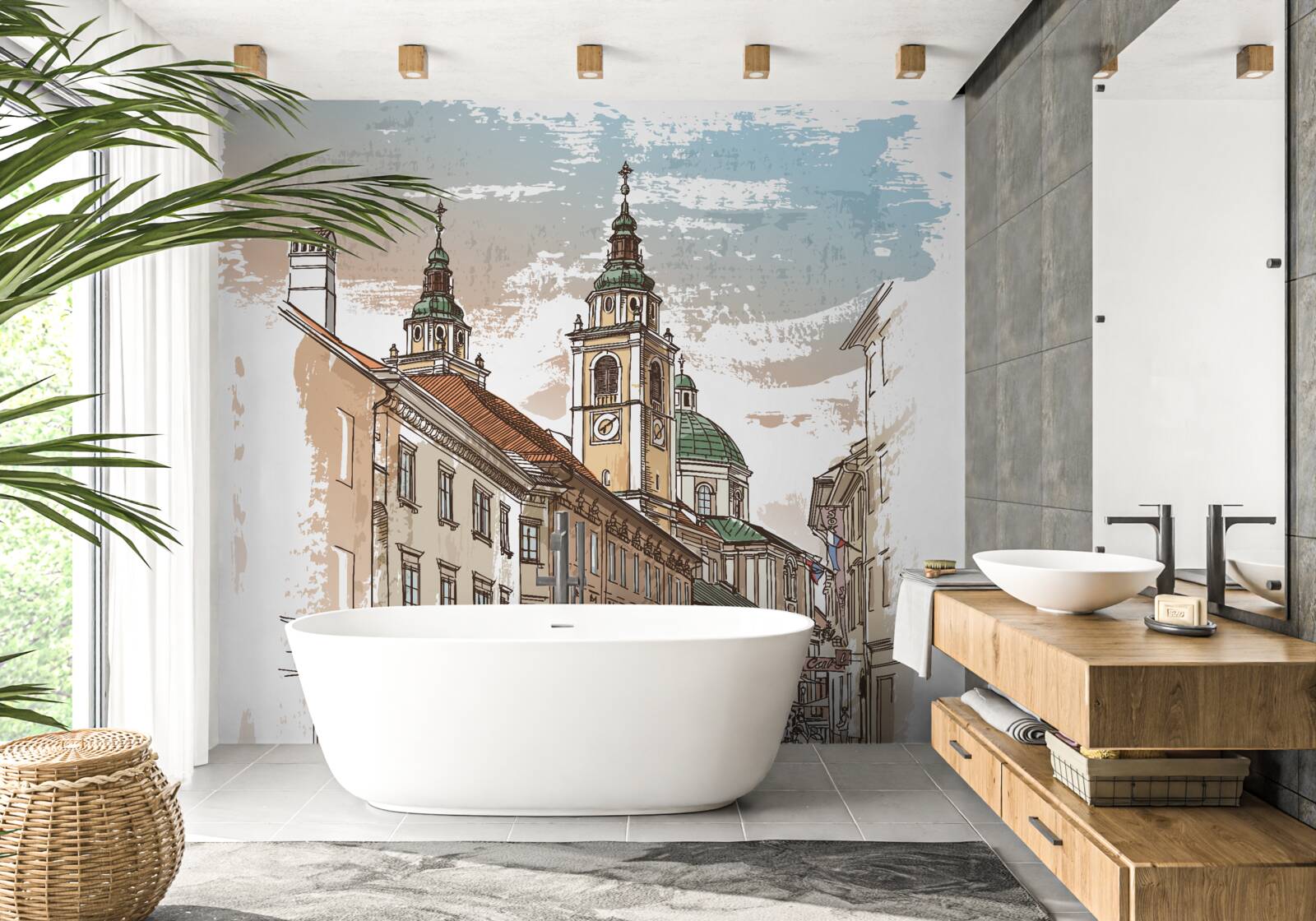 Fotobehang oude stad afgebeeld in potlood