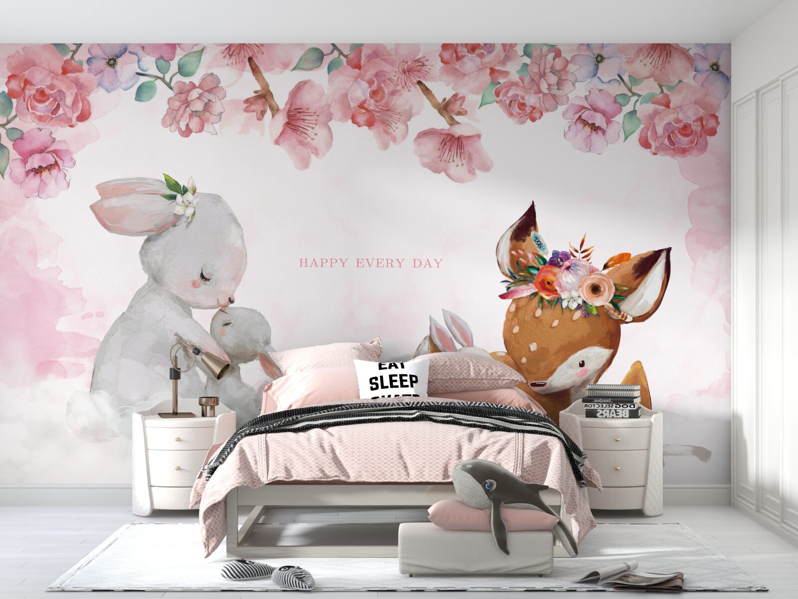 Fotobehang hert puppy en schattige konijntjes