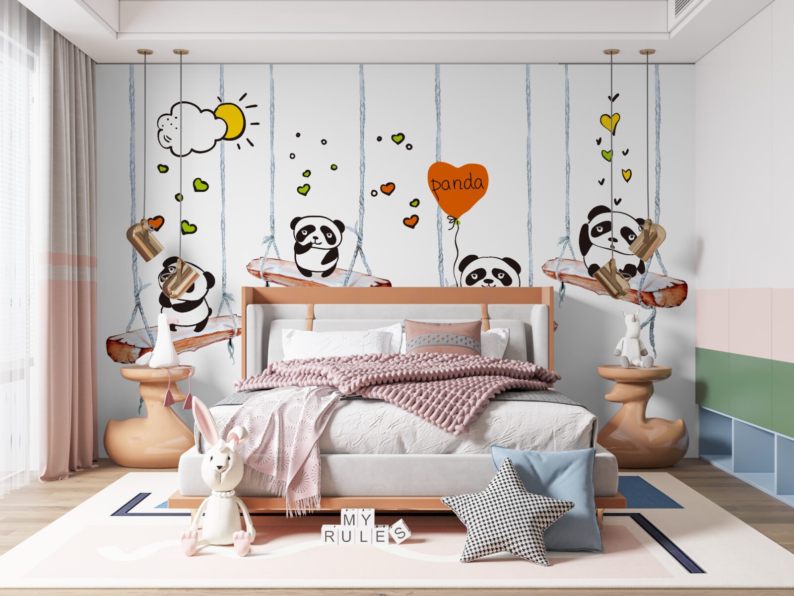 Fotobehang schommelende panda's