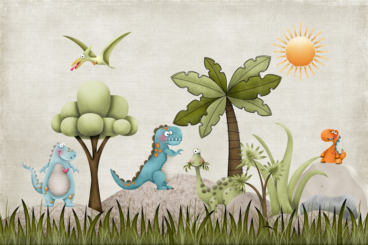 Fotobehang kleine cartoon dinosaurussen in groene struiken
