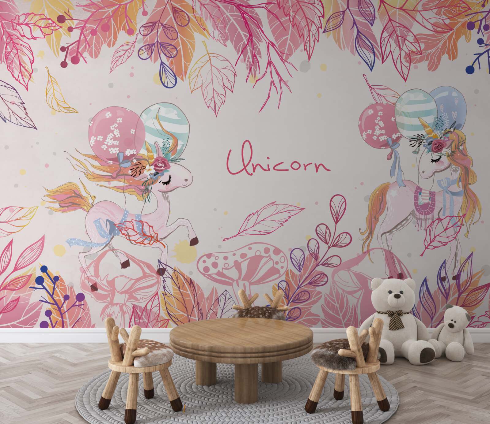 Fotobehang roze eenhoorns met heliumballonnen