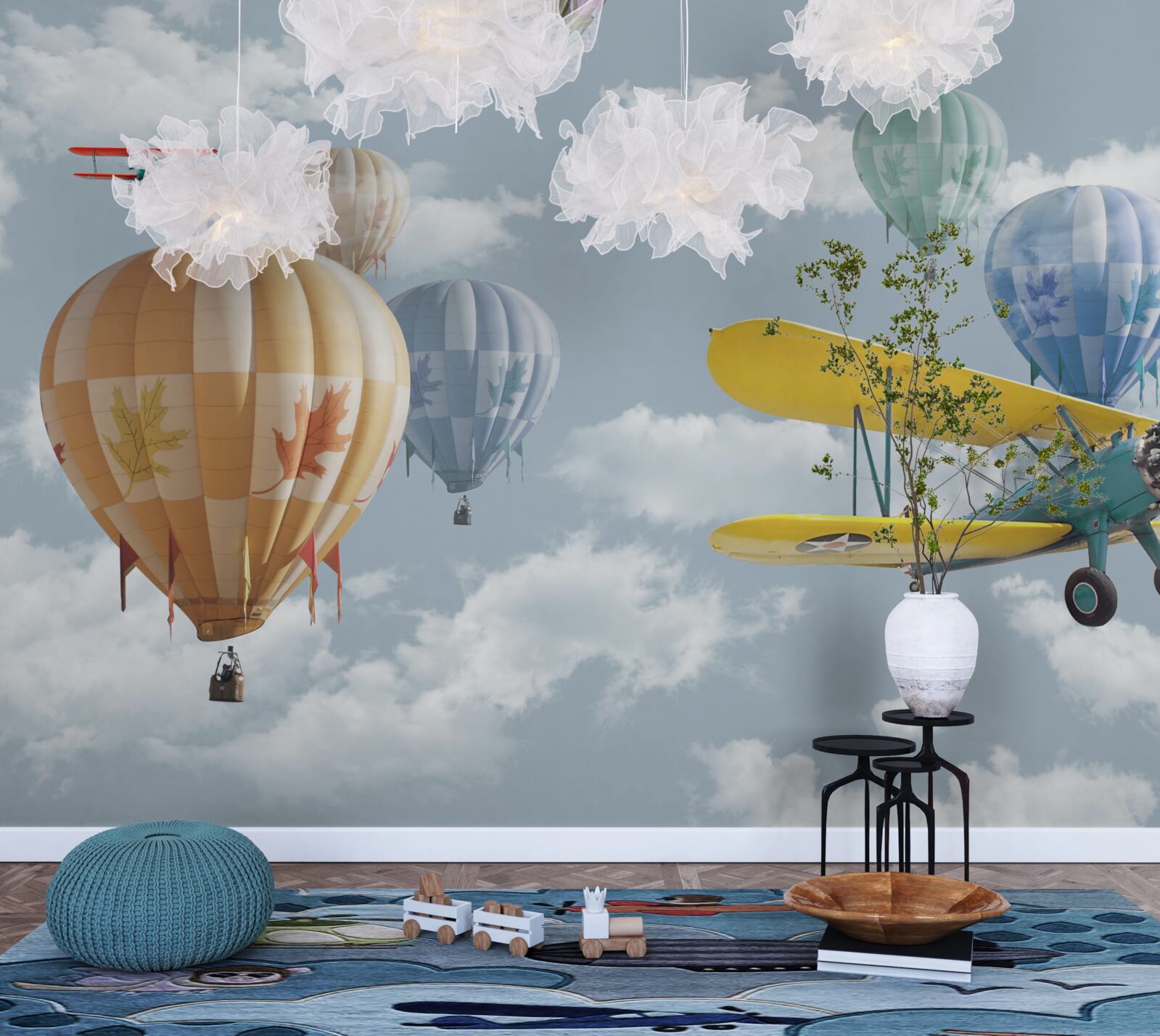 Fotobehang ballonnen en vliegtuigen in de lucht