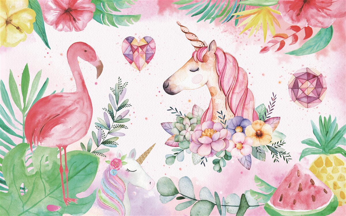Fotobehang eenhoorn en roze flamingo