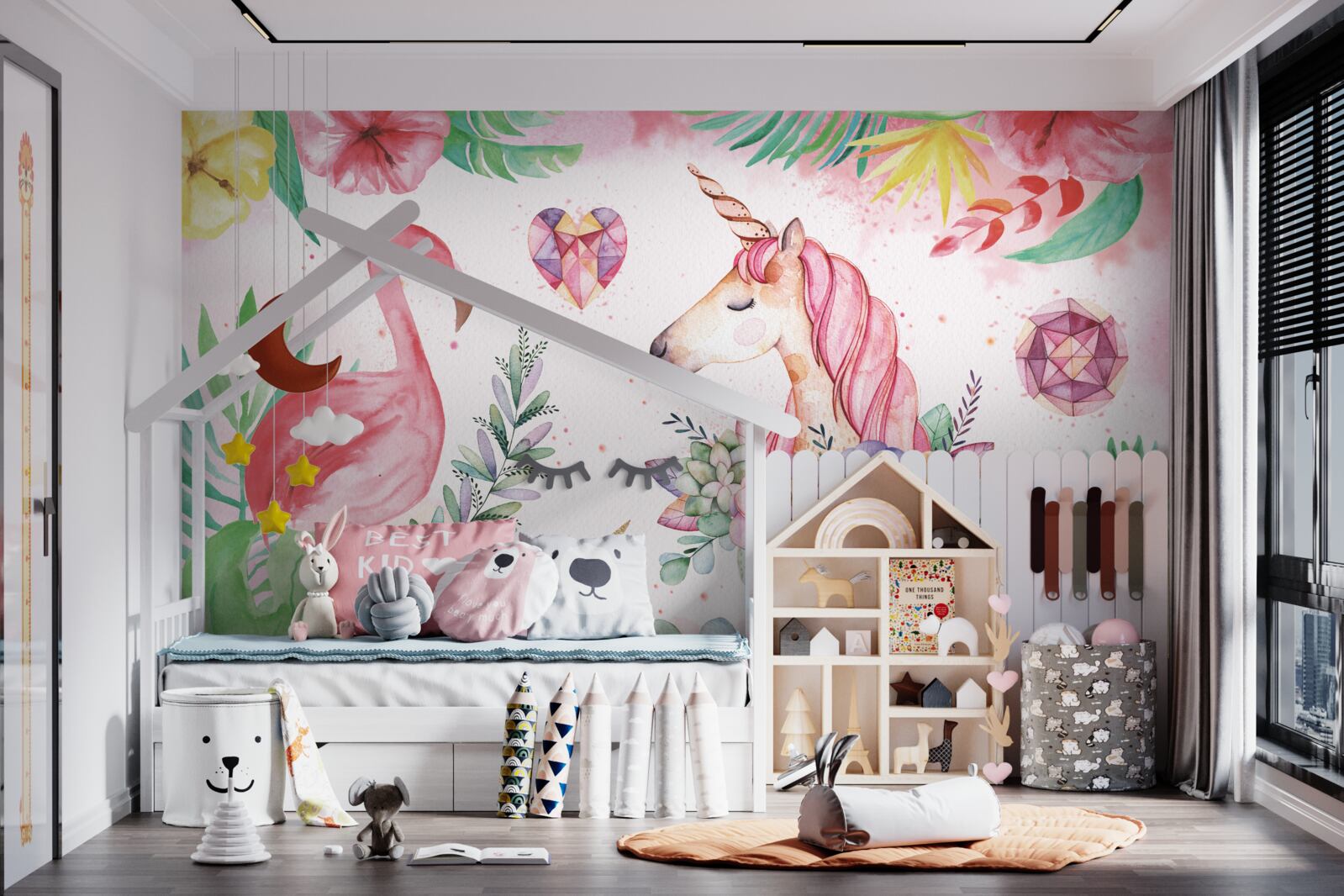 Fotobehang eenhoorn en roze flamingo