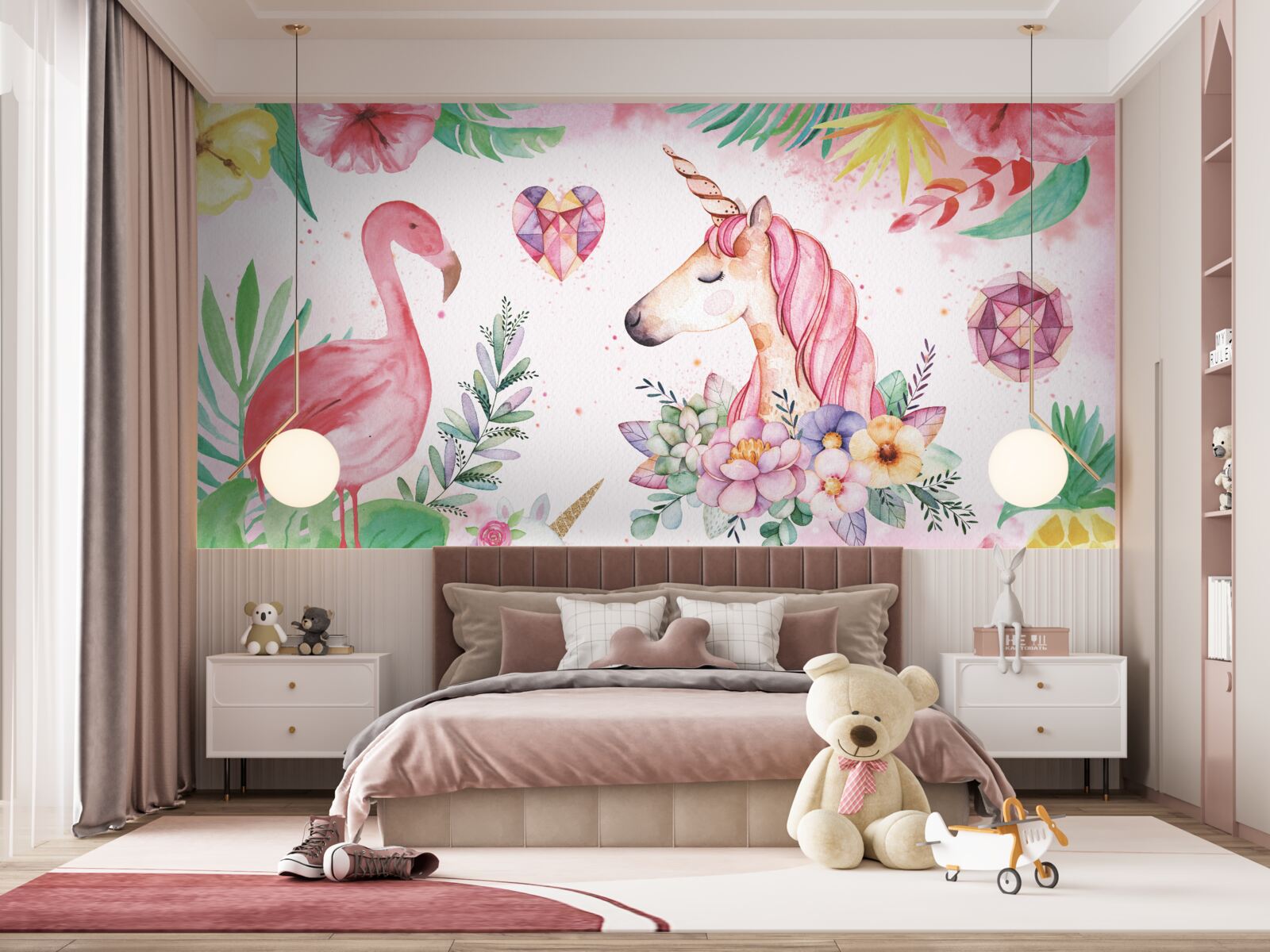Fotobehang eenhoorn en roze flamingo