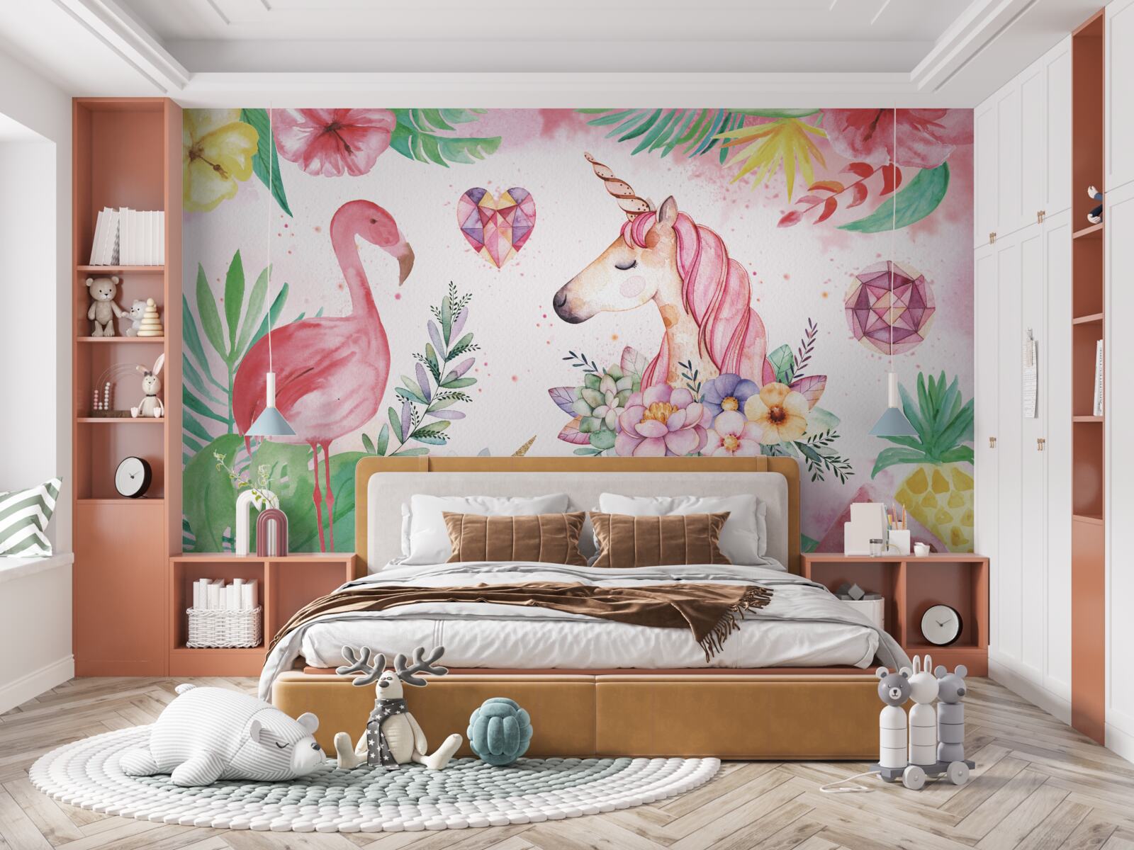 Fotobehang eenhoorn en roze flamingo