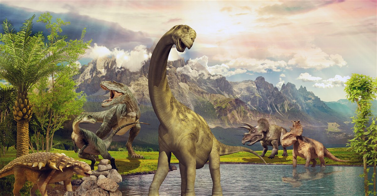 Fotobehang dinosaurussen verschenen bij de vijver