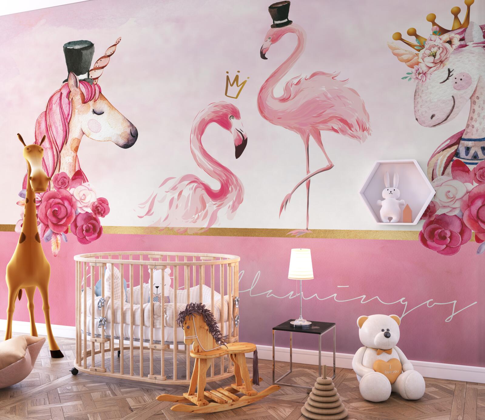Fotobehang flamingo's en roze eenhoorns
