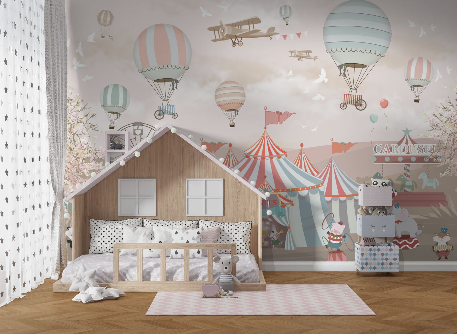 Fotobehang circus en ballen die door de lucht zweven