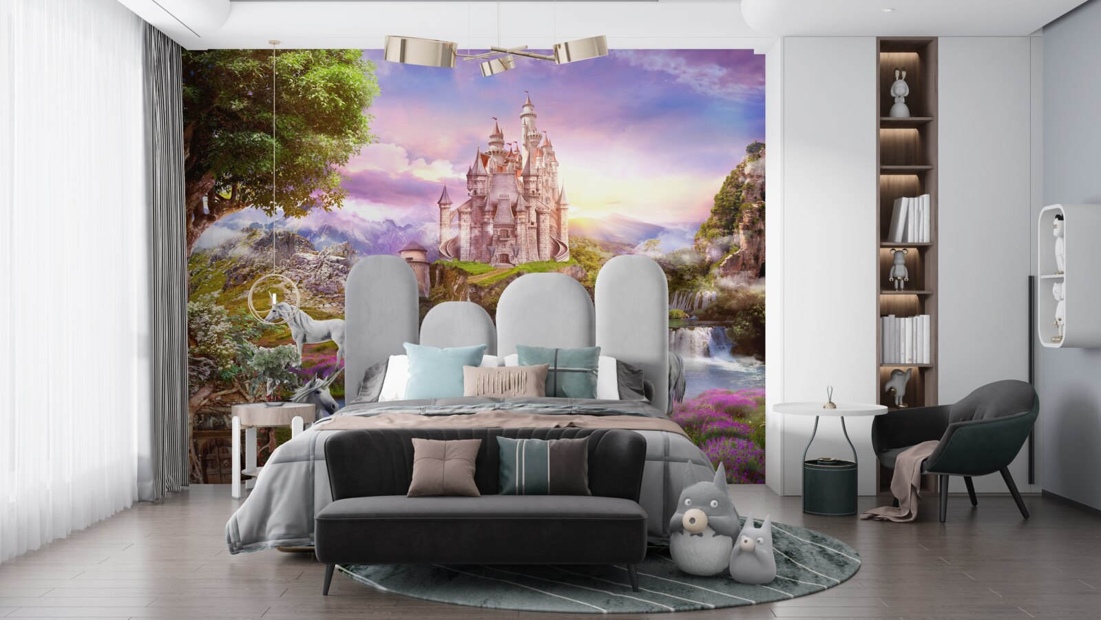 Fotobehang het kasteel bij de rivier is betoverd door de aanwezigheid van eenhoorns