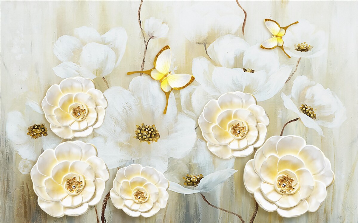 Fotobehang ongewone vlinders en heldere bloemen