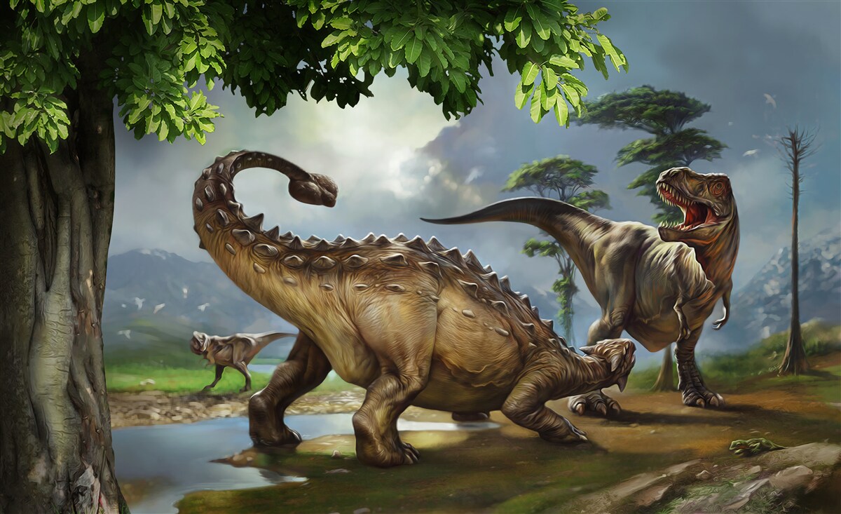 Fotobehang dinosaurussen leven in het bos bij de vijver