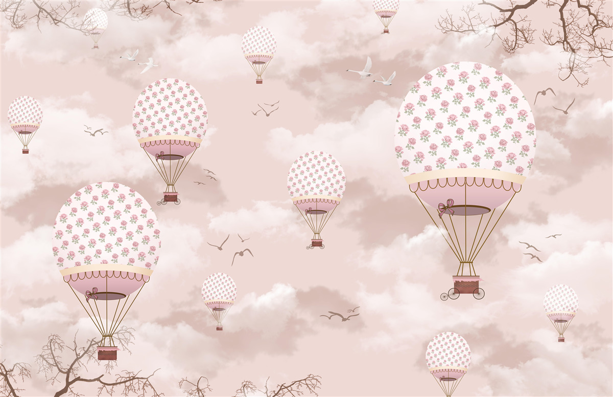 Fotobehang de roze lucht is versierd met ballonnen