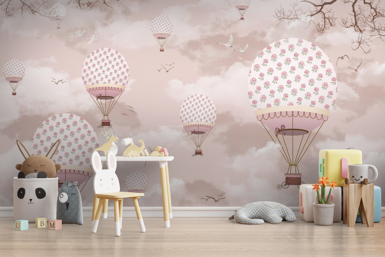 Fotobehang de roze lucht is versierd met ballonnen