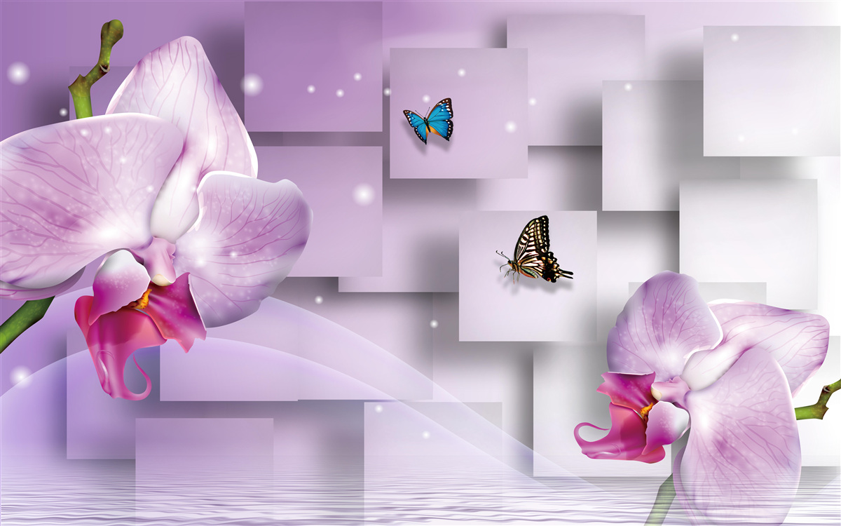 Fotobehang lila orchidee en vlinders tegen een geometrisch patroon