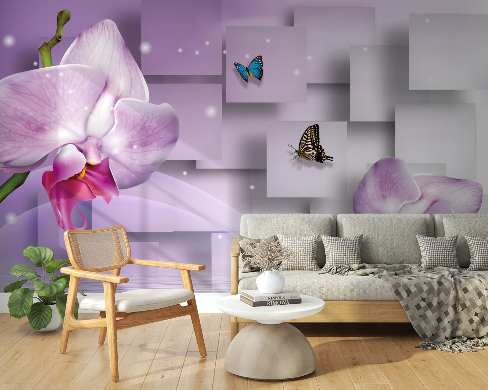 Fotobehang lila orchidee en vlinders tegen een geometrisch patroon