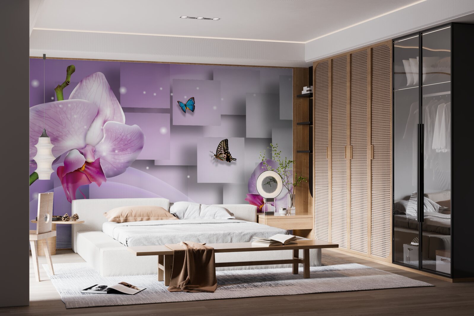 Fotobehang lila orchidee en vlinders tegen een geometrisch patroon