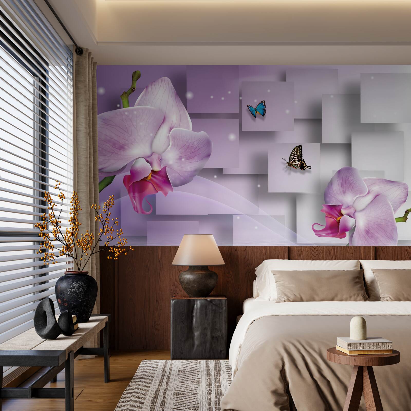 Fotobehang lila orchidee en vlinders tegen een geometrisch patroon