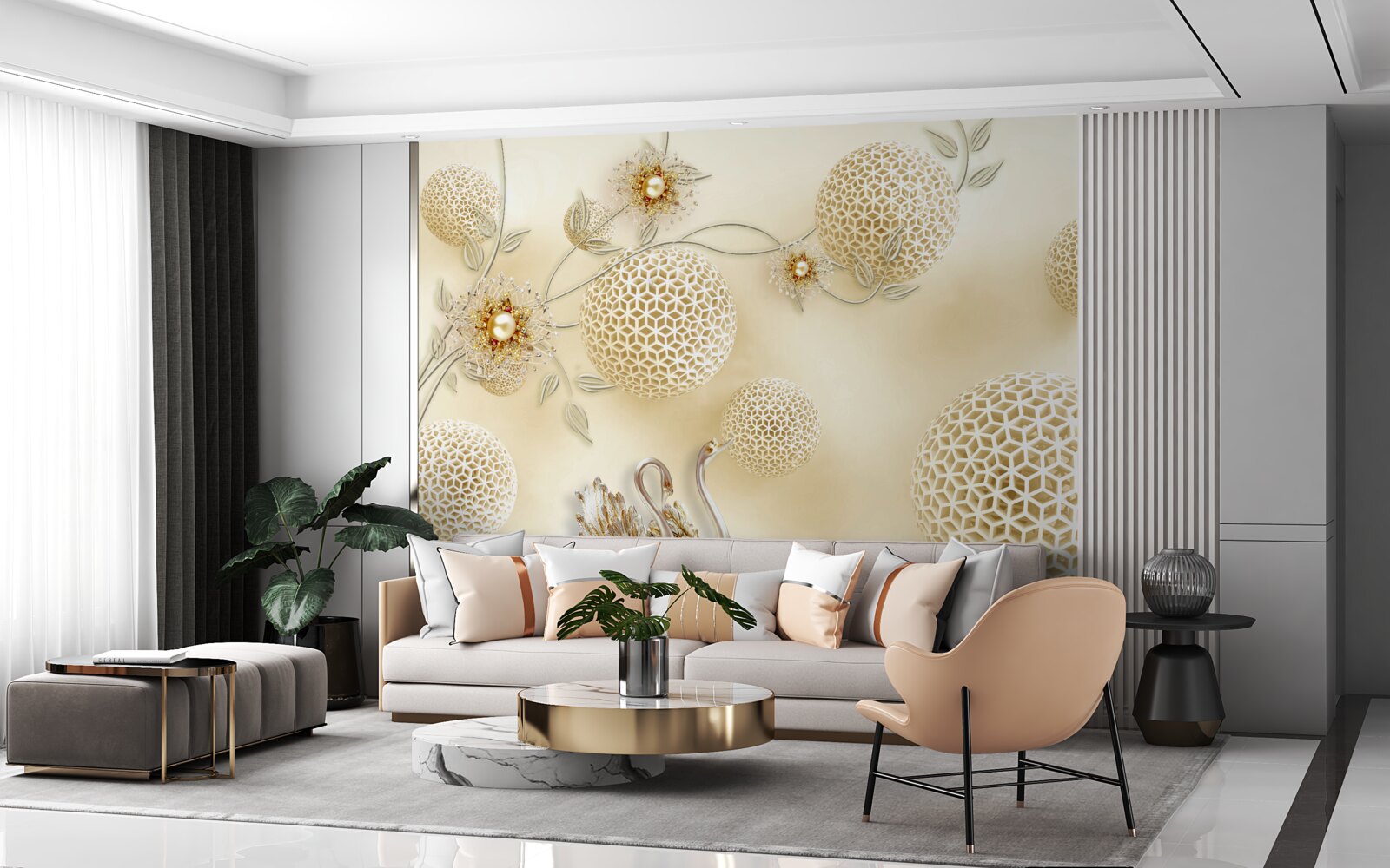 Fotobehang Zwanen glijden in de lucht en bloemen worden dunner als brons