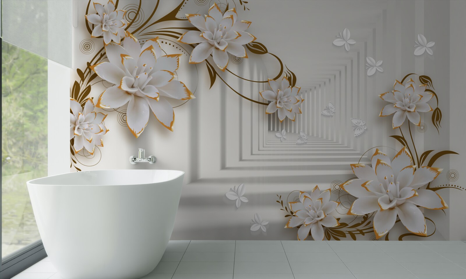 Fotobehang gouden decoraties op witte lotussen in de gang