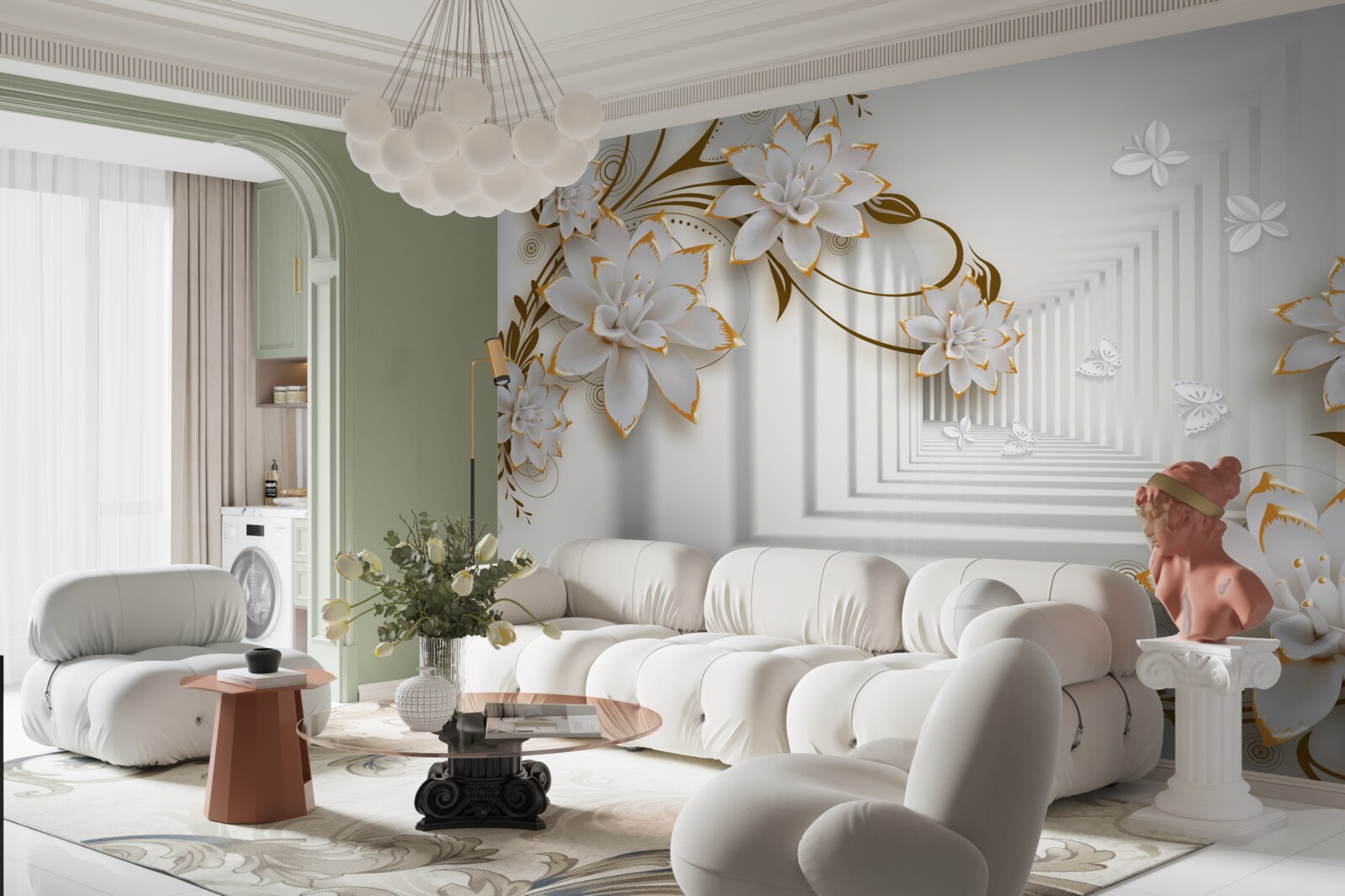 Fotobehang gouden decoraties op witte lotussen in de gang