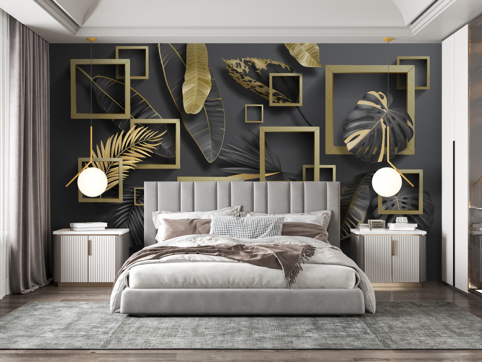 Fotobehang ingelijst in zwarte en gouden veren