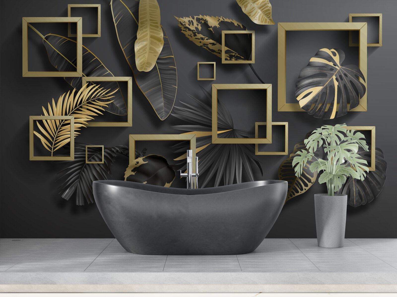 Fotobehang ingelijst in zwarte en gouden veren