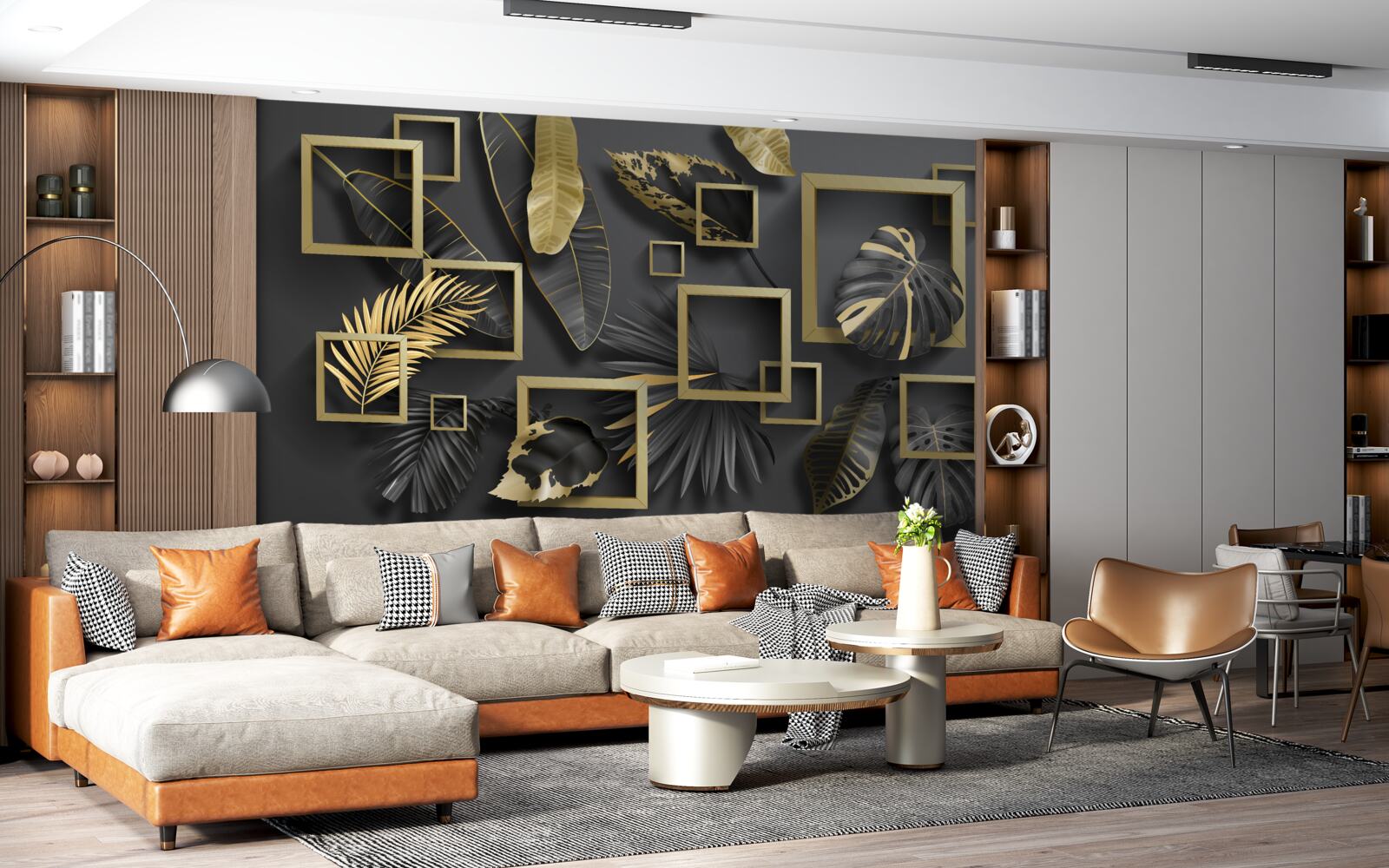 Fotobehang ingelijst in zwarte en gouden veren