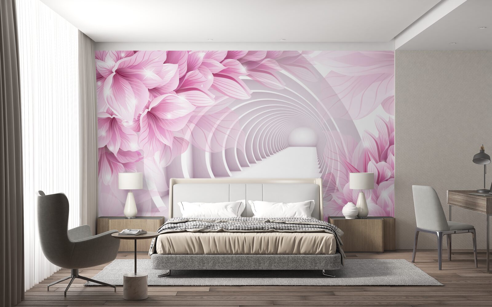 Fotobehang roze bloemen en abstracte tunnel