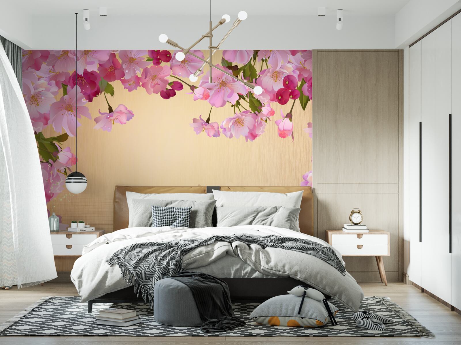 Fotobehang water onder weelderige roze bloemen
