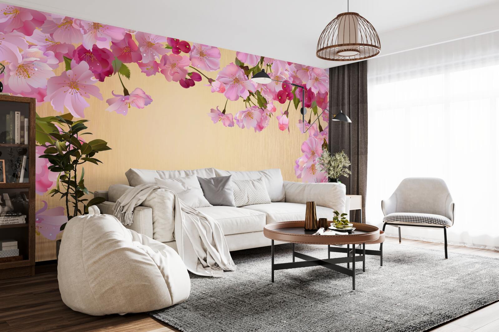 Fotobehang water onder weelderige roze bloemen