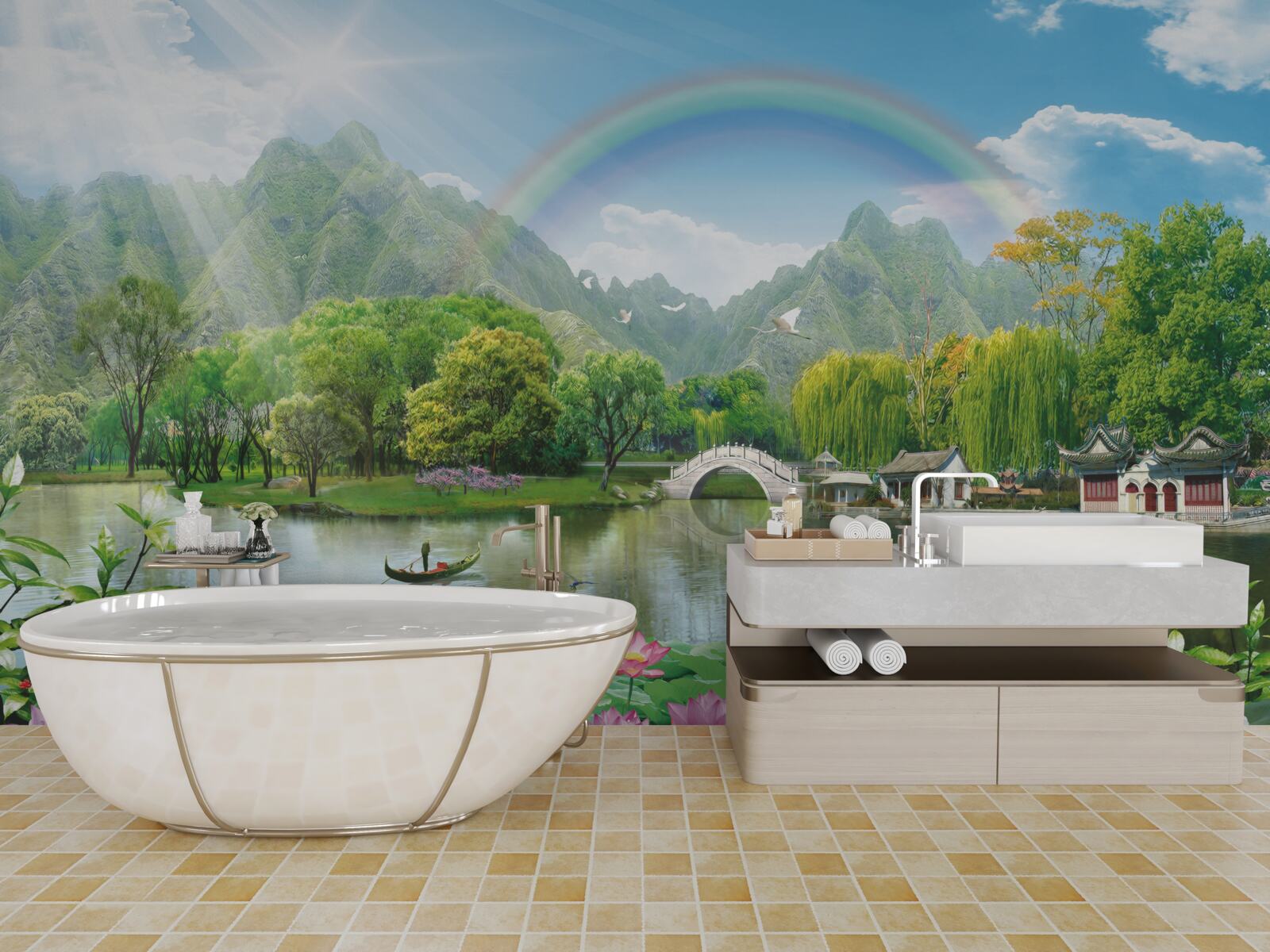 Fotobehang betoverend landschap van natuur en regenbogen