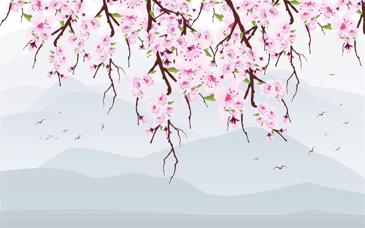 Fotobehang bloeiende sakura voor een landschap van bergen en water