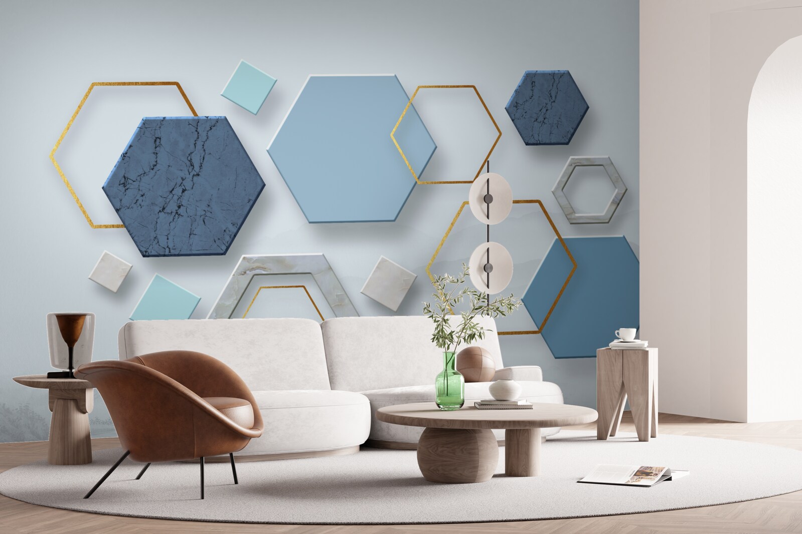 Fotobehang vijfhoekige vormen, geschilderd in blauwe tinten