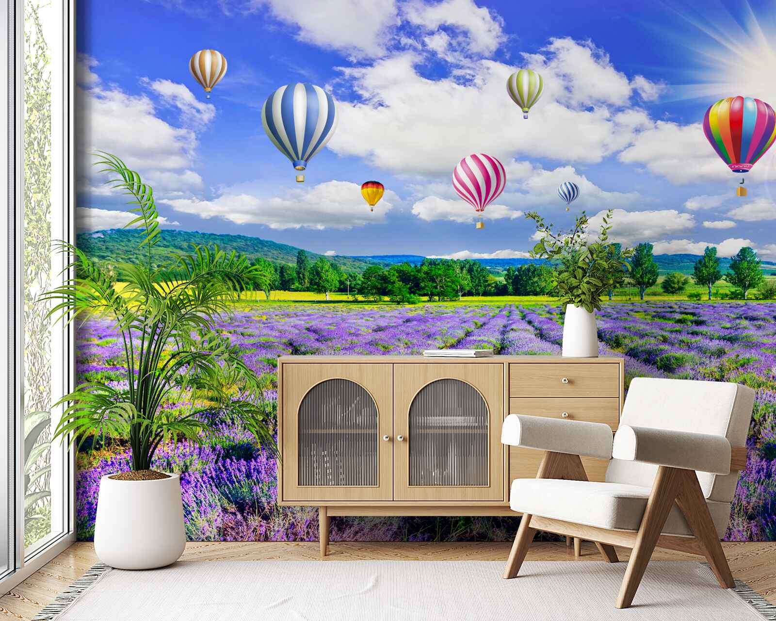 Fotobehang ballonvaart over een lavendelveld
