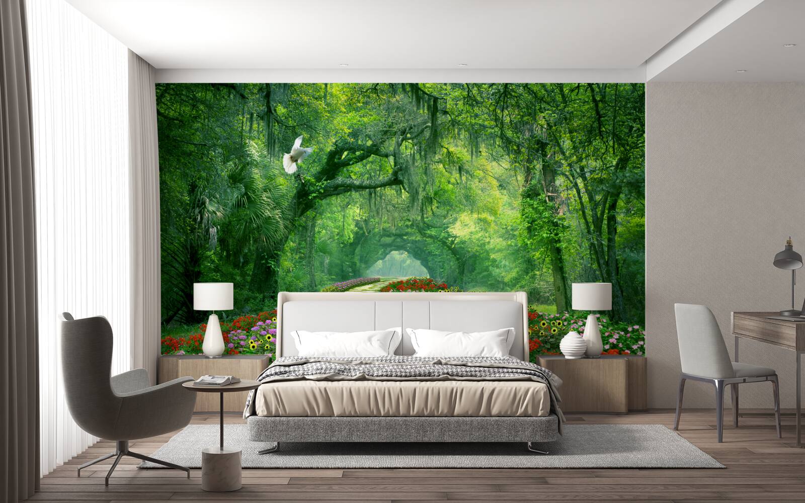 Fotobehang een kleurrijk tropisch pad bezaaid met bloemen door het bos