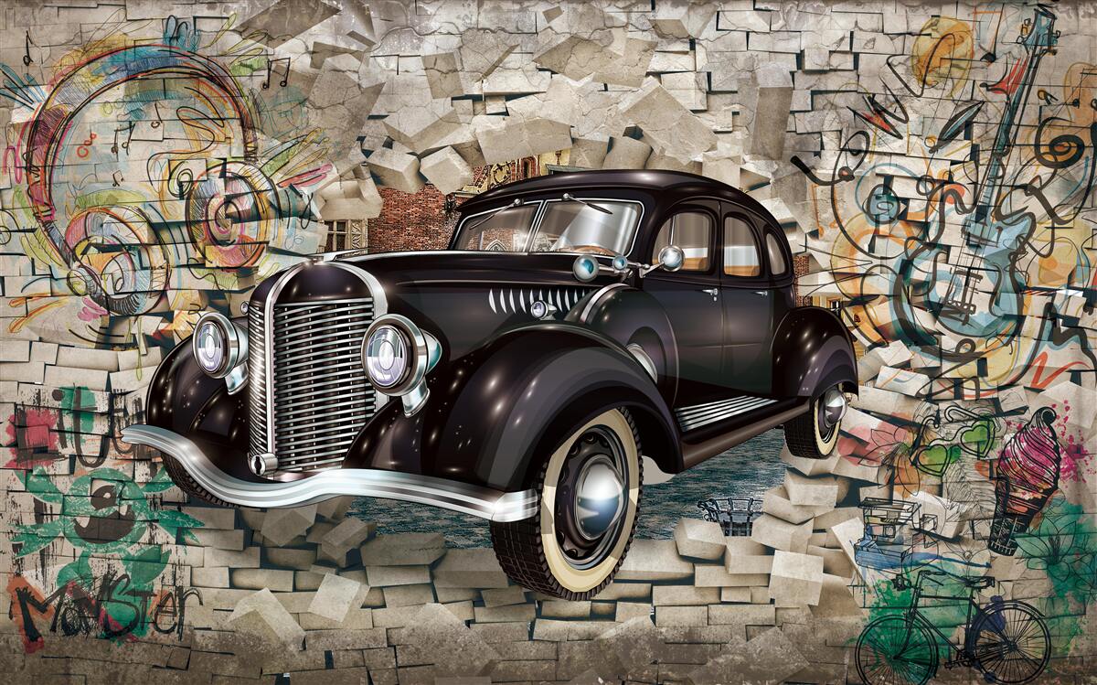 Fotobehang een zwarte auto uit het verleden