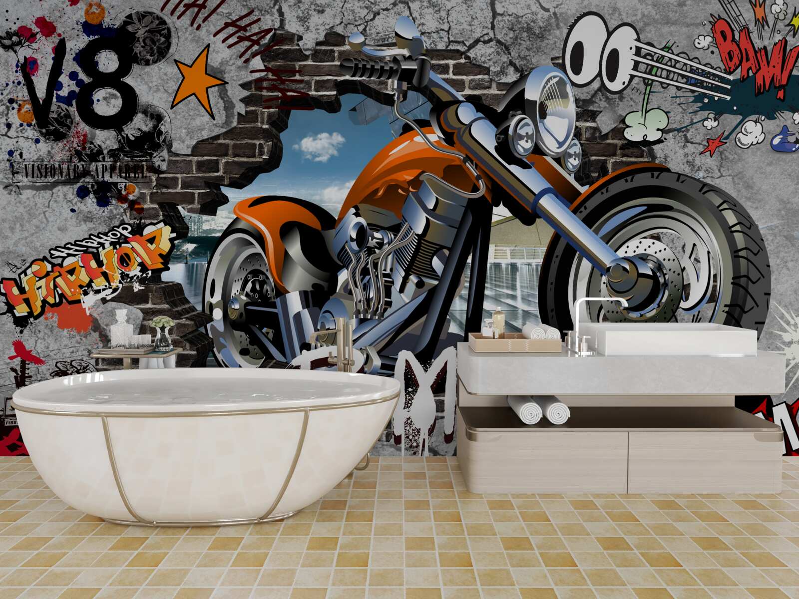 Fotobehang graffiti in de vorm van een motorfiets