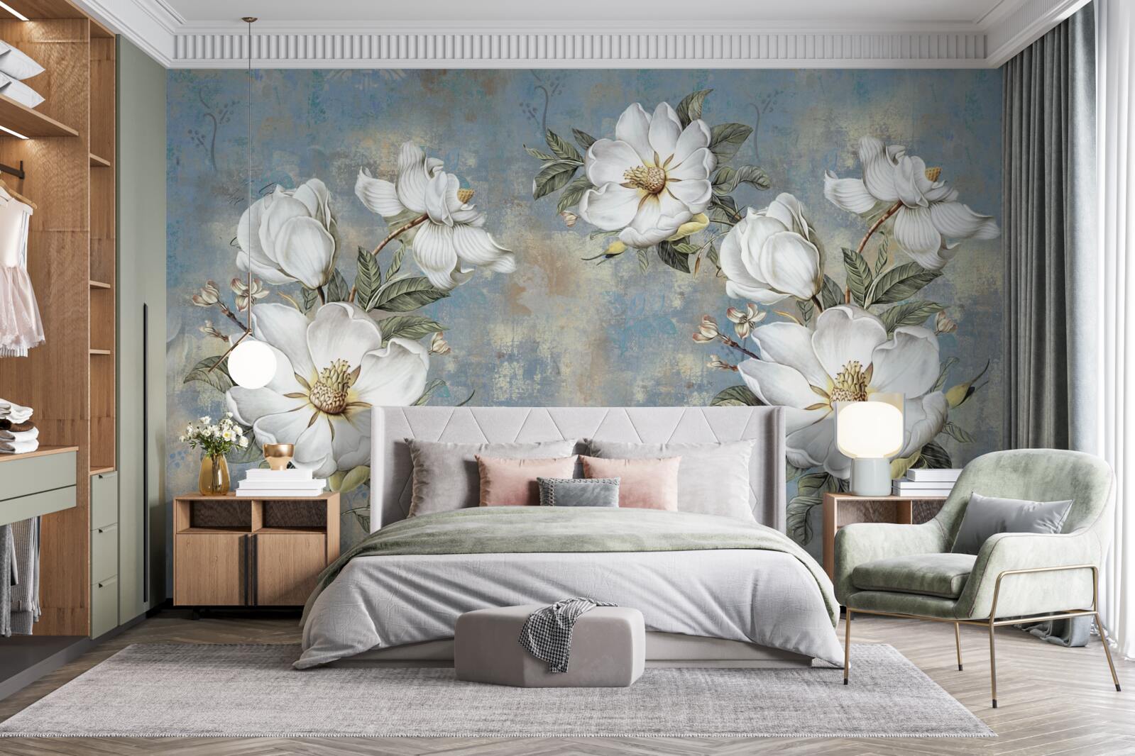 Fotobehang Sneeuwwitte bloemen op een beschilderde betonnen muur