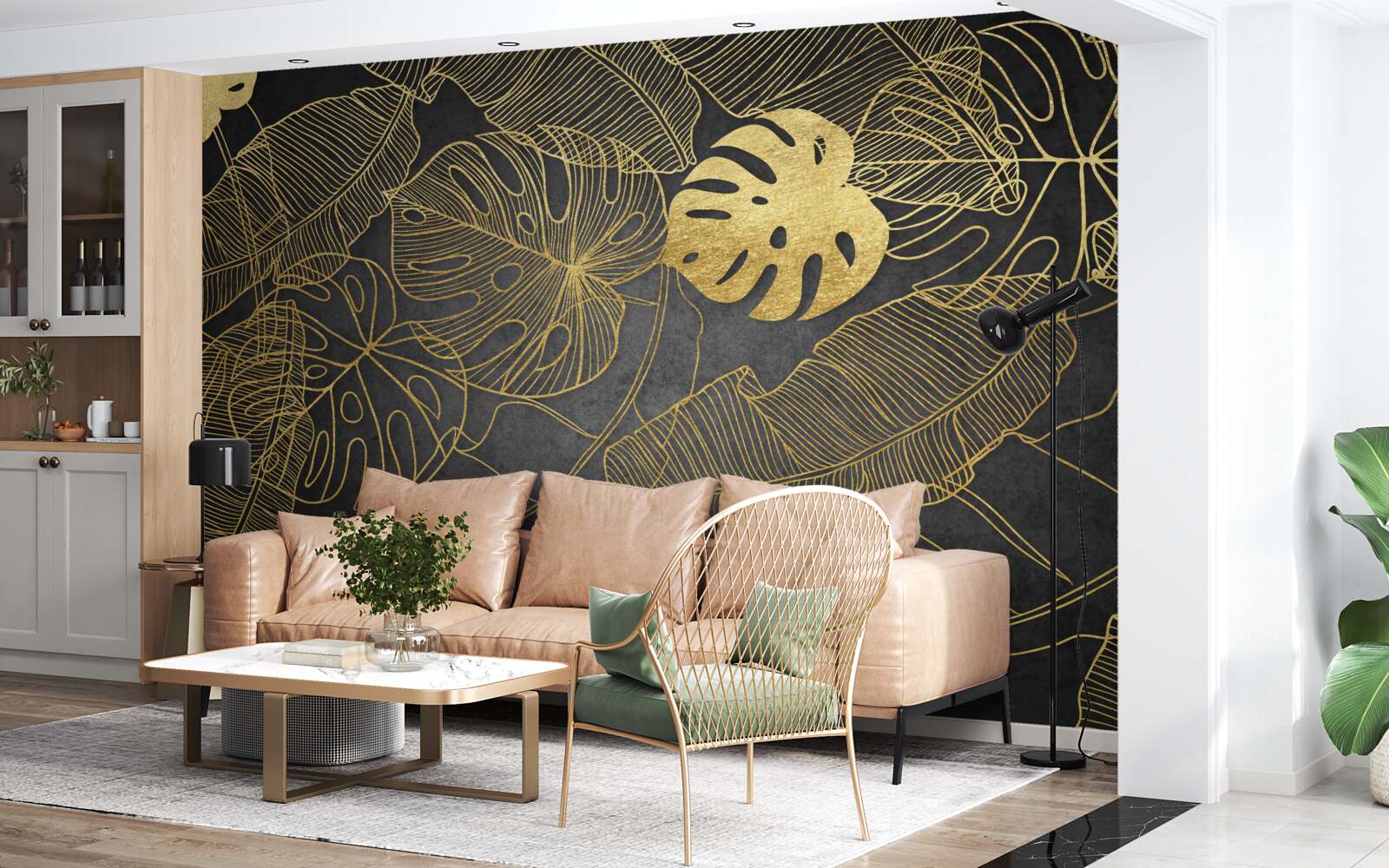 Fotobehang monstera hebben bladeren waarvan de omtrek overeenkomt met de gouden verdeling