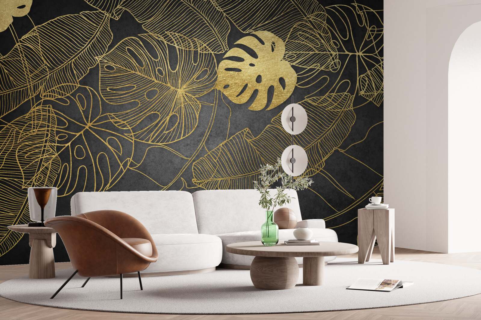 Fotobehang monstera hebben bladeren waarvan de omtrek overeenkomt met de gouden verdeling